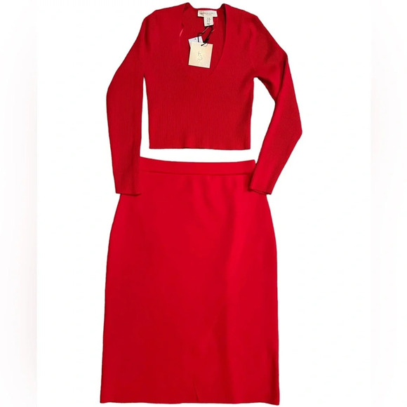 Happily grey classic two piece feminine red crop sweater midi skirt Bodycon set - Picture 9 of 16